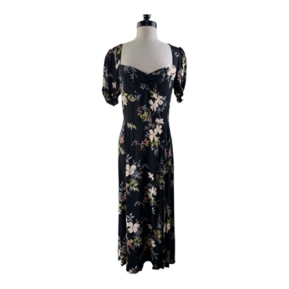 Reformation Black Floral Puff-Sleeve Midi Dress Size12